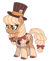 Size: 1288x1572 | Tagged: safe, artist:octoberumn, oc, oc:toybox trinket, pegasus, pony, g4, bow, clothes, female, glasses, hair bow, hat, mare, pegasus oc, simple background, solo, steampunk, suit, top hat, transparent background