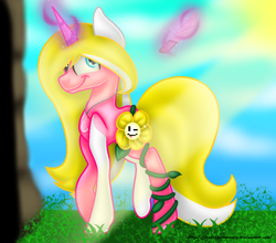 Size: 952x839 | Tagged: safe, artist:firedragonmoon15, oc, pony, unicorn, blue eyes, blurry background, day, flowey, golden mane, jewelry, knife, levitation, light rays, magic, necklace, non-mlp character, one eye closed, pink coat, smiling, sun, sunny day, telekinesis, undertale, vine, wide smile, wink, yellow mane