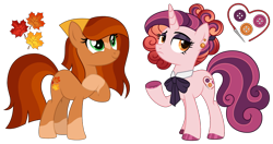 Size: 1807x957 | Tagged: safe, artist:strawberry-spritz, oc, oc only, oc:haute couture, oc:sugar maple, earth pony, pony, unicorn, g4, base used, female, magical gay spawn, magical lesbian spawn, mare, offspring, parent:mud briar, parent:sassy saddles, parent:sunburst, parent:suri polomare, simple background, transparent background