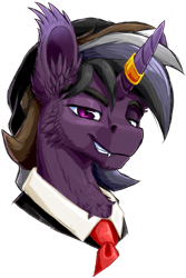 Size: 791x1186 | Tagged: safe, artist:thatonegib, oc, oc only, oc:delta riel-delano, beanie, bust, grin, hat, heterochromia, horn, horn ring, looking at you, multicolored hair, necktie, portrait, ring, smiling, solo