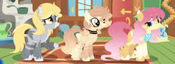 Size: 1159x426 | Tagged: safe, artist:xxcheerupxxx, derpy hooves, fluttershy, oc, oc:vanilla muffins, pegasus, pony, g4, alternate design, base used, choker, derpyshy, female, fluttershy's cottage, lesbian, magical lesbian spawn, mare, offspring, parent:derpy hooves, parent:fluttershy, parents:derpyshy, shipping, spiked choker