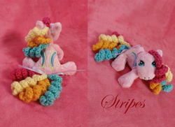 Size: 5183x3782 | Tagged: safe, artist:starfulstitches, stripes (g1), earth pony, pony, g1, female, irl, lying down, mare, photo, plushie, prone, rainbow curl pony, sitting, solo