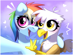 Size: 2160x1620 | Tagged: safe, artist:rtootb, gilda, rainbow dash, griffon, pegasus, pony, g4, baby, baby griffon, baby pony, beak, best friends, big eyes, blue background, blue fur, blushing, cloud, colt, cute, cute smile, digital art, duo, duo female, eyes open, feather, feathered wings, female, foal, frame, friends, gildadorable, glare, gradient background, halfbody, happy, happy baby, looking at something, looking up, mare, multicolored hair, open mouth, open smile, peace sign, photography, pink eyes, purple background, rainbow hair, raised hoof, selfie, simple background, smiling, spread wings, stylized, victory sign, white fur, wings, yellow eyes