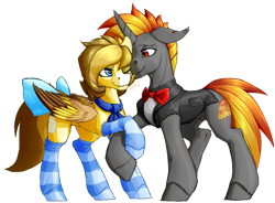 Size: 1024x755 | Tagged: safe, artist:thatonegib, oc, oc only, pegasus, pony, unicorn, bowtie, clothes, ear piercing, earring, folded wings, holding hooves, jacket, jewelry, looking at each other, looking at someone, multicolored hair, neckerchief, piercing, smiling, socks, wings