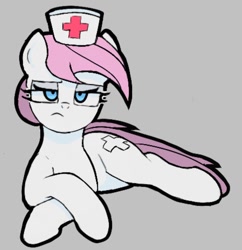 Size: 880x908 | Tagged: safe, artist:ponconcarnal, nurse redheart, earth pony, pony, g4, frown, lying down, solo