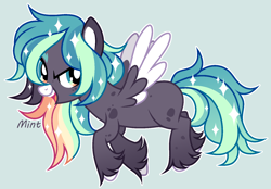 Size: 1630x1132 | Tagged: safe, artist:mint-light, oc, oc only, pegasus, pony, adoptable, female, flying, looking at you, multicolored coat, multicolored hair, multicolored mane, open mouth, open smile, pegasus oc, signature, simple background, smiling, solo