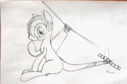 Size: 1662x1102 | Tagged: safe, oc, oc only, unnamed oc, helipony, original species, plane pony, pony, female, grayscale, helicopter, helicopter pony, looking at you, monochrome, outlines only, plane, raised hoof, robinson r22, simple background, sitting, smiling, solo, traditional art, white background