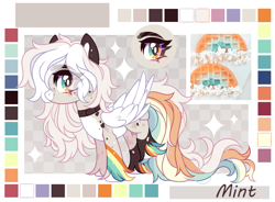 Size: 2364x1736 | Tagged: safe, artist:mint-light, oc, oc only, pegasus, pony, adoptable, base used, checkered background, female, food, looking at you, multicolored coat, multicolored hair, multicolored mane, palette, pegasus oc, signature, solo, waffle