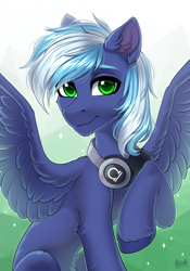 Size: 1920x2742 | Tagged: safe, artist:hakaina, oc, oc:moonlight drop, pegasus, pony, abstract background, ears up, green, green eyes, headphones, looking at you, male, raised hoof, smiling, smiling at you, solo, spread wings, stallion, wings