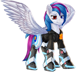 Size: 1607x1532 | Tagged: safe, artist:thatonegib, oc, oc only, amputee, clothes, heterochromia, jacket, multicolored hair, police officer, police uniform, prosthetic leg, prosthetic limb, prosthetics, solo, spread wings, wings
