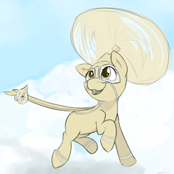 Size: 2250x2250 | Tagged: artist needed, safe, oc, oc only, unnamed oc, helipony, original species, plane pony, pony, blue background, cloud, cute, digital art, flying, happy, helicopter, helicopter pony, high res, looking at something, ocbetes, open mouth, plane, propeller, raised hoof, robinson r22, simple background, sky, smiling, solo