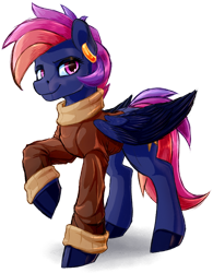 Size: 1024x1311 | Tagged: safe, artist:thatonegib, oc, oc only, pegasus, pony, clothes, ear piercing, earring, folded wings, jacket, jewelry, looking at you, piercing, raised hoof, smiling, solo, wings