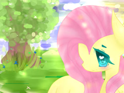Size: 1024x768 | Tagged: safe, artist:magicangelstarartist, fluttershy, pegasus, pony, g4, blurry background, blushing, female, mare, side view, solo, tree