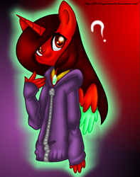 Size: 759x965 | Tagged: safe, artist:firedragonmoon15, oc, oc:phoenix scarletruby, alicorn, anthro, brown mane, clothes, coat, colored wings, glowing, gradient background, jewelry, looking at you, mint wings, necklace, question mark, red coat, red wings, solo, two toned wings, wings