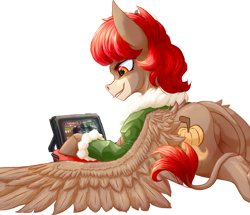 Size: 1024x882 | Tagged: safe, artist:thatonegib, oc, oc only, donkey, clothes, donkey oc, grin, jacket, lying down, nintendo switch, playing video games, skullgirls, smiling, solo, wings