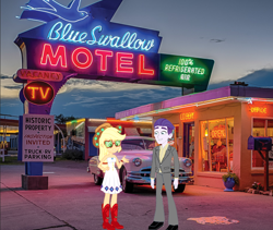 Size: 1048x884 | Tagged: safe, artist:yungstuff, applejack, dirk thistleweed, human, equestria girls, g4, appledirk, equestria girls in real life, female, irl, male, motel, photo, shipping, straight