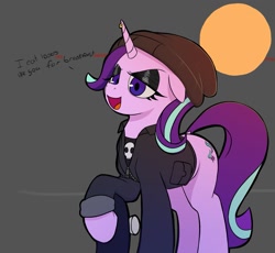 Size: 2149x1977 | Tagged: safe, artist:ponconcarnal, starlight glimmer, pony, unicorn, g4, beanie, black eyeshadow, clothes, edgelight glimmer, eyeshadow, floppy ears, goth, hat, horn, horn piercing, jacket, makeup, open mouth, piercing, skateboard, smiling, solo, text