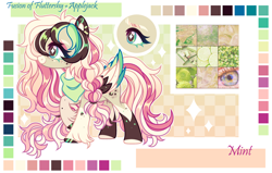 Size: 3662x2322 | Tagged: safe, artist:mint-light, oc, oc only, adoptable, checkered background, eyeball, female, flower, high res, human eye, implied applejack, implied fluttershy, looking at you, moodboard, moss, multicolored coat, multicolored hair, multicolored mane, offspring, offspring shipping, palette, parent:applejack, parent:fluttershy, signature, solo