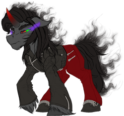 Size: 1592x1494 | Tagged: safe, artist:thatonegib, king sombra, umbrum, g4, clothes, frown, jacket, leather, leather jacket, pants, shoes, solo, unshorn fetlocks, walking