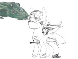 Size: 640x480 | Tagged: artist needed, safe, oc, oc only, unnamed oc, helipony, original species, plane pony, autocannon, determined look, gun, gunship, helicopter, helicopter pony, male, plane, serious, serious face, simple background, solo, stallion, standing, weapon, white background