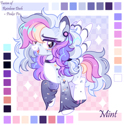 Size: 2268x2284 | Tagged: safe, artist:mint-light, oc, oc only, pegasus, pony, adoptable, checkered background, ear piercing, earring, female, fusion, fusion:pinkie pie, fusion:rainbow dash, high res, jewelry, looking at you, multicolored coat, multicolored hair, multicolored mane, open mouth, open smile, palette, pegasus oc, piercing, raised hoof, signature, smiling, solo