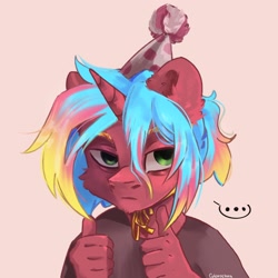 Size: 2048x2048 | Tagged: safe, artist:colorbrush, oc, oc only, unicorn, anthro, ..., hat, high res, party hat, simple background, solo, thumbs up