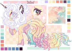 Size: 3102x2204 | Tagged: safe, artist:mint-light, oc, oc only, pony, unicorn, adoptable, base used, checkered background, female, high res, horn, looking at you, multicolored coat, multicolored hair, multicolored mane, palette, signature, solo, unicorn oc
