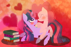 Size: 1200x800 | Tagged: safe, artist:tallykale, pinkie pie, twilight sparkle, earth pony, pony, unicorn, g4, anime, blushing, book, cute, diapinkes, duo, eyes closed, female, happy, lesbian, looking at each other, looking at someone, ship:twinkie, shipping, smiling, smiling at each other, twiabetes, unicorn twilight