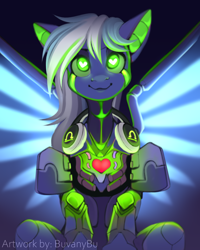 Size: 4724x5906 | Tagged: safe, artist:buvanybu, oc, oc:moonlight drop, pegasus, pony, robot, robot pony, cute, green eyes, headphones, heart, heart eyes, looking at you, neon, signature, sitting, solo, species swap, staring into your soul, wingding eyes