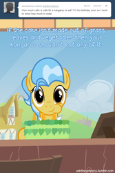 Size: 600x900 | Tagged: safe, artist:adiwan, doctor fauna, earth pony, pony, ask the vet pony, g4, ask, cake, eating, food, herbivore, solo, vegan