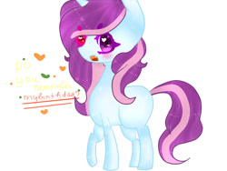 Size: 1024x768 | Tagged: safe, artist:magicangelstarartist, oc, oc only, pony, unicorn, birthday gift art, female, gift art, heterochromia, mare, simple background, solo, text