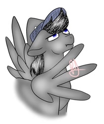 Size: 642x766 | Tagged: safe, oc, oc only, oc:chopsticks, pegasus, pony, hat, looking up, male, simple background, solo, stallion, thinking, white background, wing hands, wings