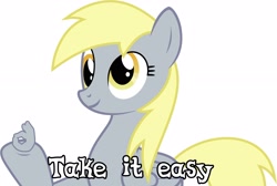 Size: 2560x1724 | Tagged: safe, edit, derpy hooves, pegasus, pony, g4, caption, cute, female, hoof fingers, mare, meme, ok, simple background, smiling, solo, text, wat, 👌