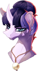 Size: 846x1580 | Tagged: safe, artist:thatonegib, oc, oc only, original species, shark, shark pony, bust, gills, hair bun, horn, jewelry, looking at you, multicolored hair, necklace, portrait, solo, unamused