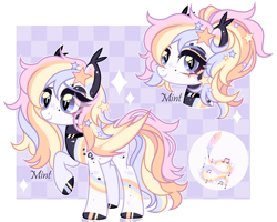 Size: 2620x2094 | Tagged: safe, artist:mint-light, oc, oc only, bat pony, adoptable, bat ears, bat pony oc, checkered background, choker, eyeshadow, female, hairpin, high res, looking at you, makeup, multicolored coat, multicolored hair, multicolored mane, music notes, palette, signature, slit pupils, smiling, snake eyes, sparkles