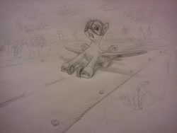 Size: 1500x1125 | Tagged: safe, oc, oc only, unnamed oc, original species, plane pony, pony, airfield, cloud, crash landing, cute, flower, frown, landing, mig-3, mikoyan-gurevich mig-3, nervous, ouch, pencil drawing, plane, runway, scared, simple background, sketch, solo, traditional art, tree