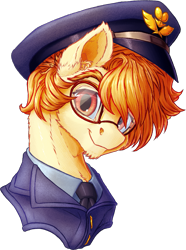 Size: 945x1267 | Tagged: safe, artist:thatonegib, oc, oc only, bust, clothes, glasses, hat, jacket, looking at you, necktie, portrait, shirt, smiling, solo, uniform