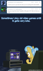 Size: 600x1000 | Tagged: safe, artist:adiwan, doctor fauna, earth pony, pony, ask the vet pony, g4, ask, controller, female, gaming, mare, solo, television, video game