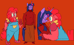 Size: 1917x1184 | Tagged: safe, artist:riptyde164, pinkie pie, twilight sparkle, earth pony, unicorn, anthro, g4, clothes, duo, glasses, skirt, smiling, standing, sweater