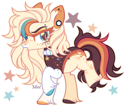 Size: 2220x1884 | Tagged: safe, artist:mint-light, oc, oc only, earth pony, pony, adoptable, colar, duckface, ear piercing, earring, earth pony oc, female, hair over one eye, jewelry, looking at you, multicolored coat, multicolored hair, multicolored mane, palette, piercing, raised hoof, signature, simple background, solo, stars, unshorn fetlocks, white background