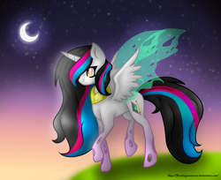 Size: 1272x1036 | Tagged: safe, artist:firedragonmoon15, oc, pony, black mane, black tail, blue mane, blue tail, blurry background, gradient eyes, hybrid wings, insect wings, jewelry, moon, multicolored mane, multicolored tail, necklace, night, pink mane, pink tail, smiling, spread wings, tail, transparent wings, trotting, white wings, wings