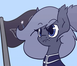 Size: 1280x1096 | Tagged: safe, artist:nova rain, oc, oc only, oc:selenite, bat pony, pony, animated, clothes, commission, eye clipping through hair, eyebrows, eyebrows visible through hair, eyes closed, fangs, female, flag, flag pole, lunar empire, mare, open mouth, open smile, salute, simple background, smiling, solo, uniform