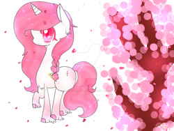 Size: 1024x768 | Tagged: safe, artist:magicangelstarartist, oc, oc only, oc:sakura, pony, unicorn, art trade, cherry blossoms, female, flower, flower blossom, mare, sideview, simple background, solo, watermark