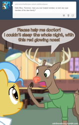 Size: 600x950 | Tagged: safe, artist:adiwan, doctor fauna, deer, earth pony, pony, ask the vet pony, g4, ask, clothes, cloven hooves, female, mare, red nose, rudolph the red nosed reindeer, sweater