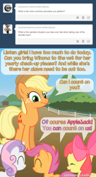 Size: 600x1100 | Tagged: safe, artist:adiwan, apple bloom, applejack, scootaloo, sweetie belle, earth pony, pegasus, pony, unicorn, ask the vet pony, g4, ask, cutie mark crusaders, female, filly, foal, mare