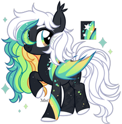 Size: 1968x2002 | Tagged: safe, artist:mint-light, oc, oc only, adoptable, ambiguous gender, black coat, constellation freckles, freckles, hair over one eye, looking at you, multicolored mane, palette, signature, simple background, solo, transparent background