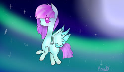 Size: 1024x599 | Tagged: safe, artist:magicangelstarartist, oc, oc only, pegasus, pony, aurora borealis, female, flying, long neck, mare, solo, starry night