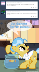 Size: 600x1100 | Tagged: safe, artist:adiwan, doctor fauna, earth pony, fish, pony, ask the vet pony, g4, ask, dead, female, fish bowl, mare, solo, x eyes