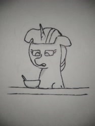 Size: 3120x4160 | Tagged: safe, artist:valuable ashes, twilight sparkle, alicorn, pony, g4, bowl, female, monochrome, solo, table, tired, traditional art