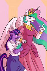 Size: 1562x2359 | Tagged: safe, artist:dixietexas, princess celestia, twilight sparkle, alicorn, unicorn, anthro, g4, big horn, blushing, book, button-up shirt, canterlot castle, clothes, crown, crush, dress, ethereal mane, eyebrows, eyelashes, eyes closed, feathered wings, female, hand on hip, horn, infatuation, jewelry, lesbian, listening, multicolored hair, multicolored tail, nostrils, regalia, shirt, short sleeves, skirt, tail, talking, teacher and student, tiara, unicorn horn, unicorn twilight, wavy mouth, wings